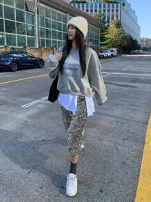 DAZY 纯色亮片直筒半身裙 舞会裙 新年女装 嘉年华 - 灰色 - 查看 6