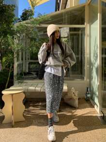 DAZY 纯色亮片直筒半身裙 舞会裙 新年女装 嘉年华 - 灰色 - 查看 7