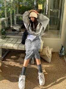 DAZY 纯色亮片直筒半身裙 舞会裙 新年女装 嘉年华 - 灰色 - 查看 9