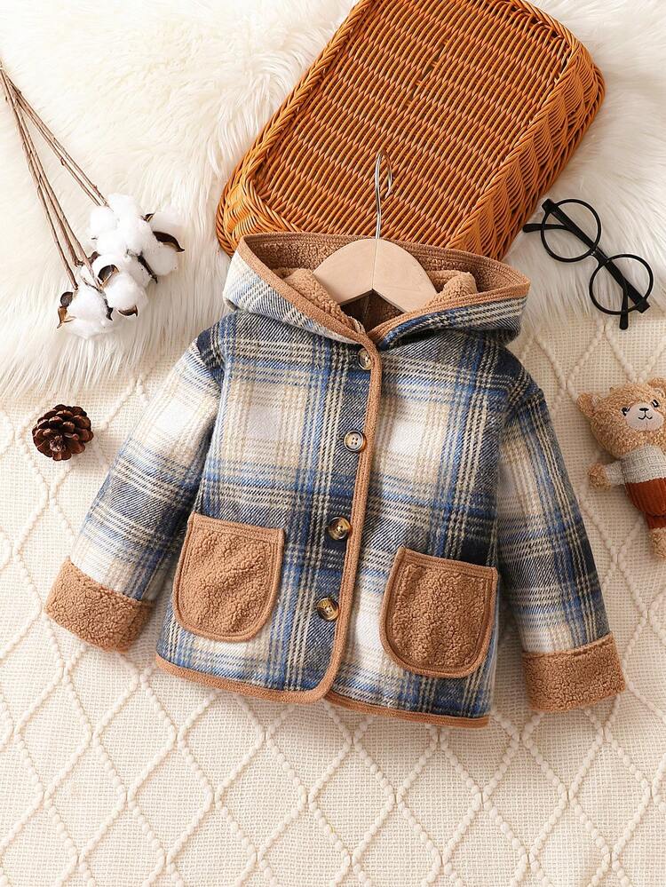 Baby Girl Plaid Print Pocket Patched Hooded Coat