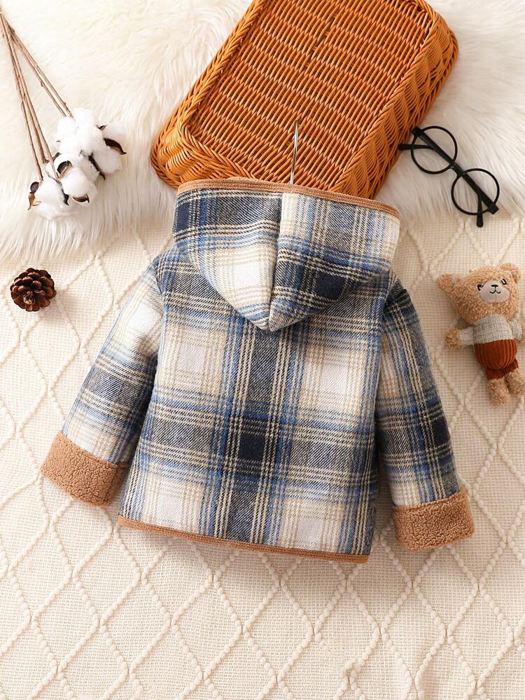 Baby Girl Plaid Print Pocket Patched Hooded Coat