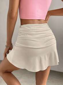 Comfortcana Summer Khaki Y2k Solid Ruched Ruffle Hem Skirt Mini Skirt - Khaki - View 2