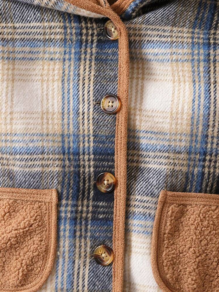 Baby Girl Plaid Print Pocket Patched Hooded Coat