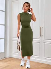 SHEIN EZwear 小高領高衩抽褶腰連衣裙 - 軍綠色 - 查看 4