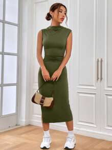 SHEIN EZwear 小高領高衩抽褶腰連衣裙 - 軍綠色 - 查看 6