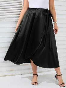 SHEIN Clasi 大碼側打結圍裹下擺半身裙 - 黑色 - 查看 5