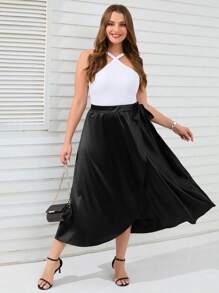 SHEIN Clasi 大碼側打結圍裹下擺半身裙 - 黑色 - 查看 3