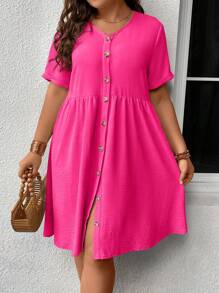 SHEIN LUNE Plus Button Front Smock Dress - Hot Pink - View 1