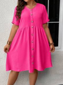 SHEIN LUNE Plus Button Front Smock Dress - Hot Pink - View 3