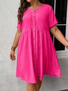 SHEIN LUNE Plus Button Front Smock Dress - Hot Pink - View 5