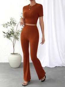 SHEIN Essnce Chất rắn Áo phông Crop & Quần ống loe - Rỉ Nâu - Xem 4