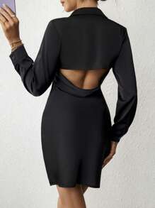 SHEIN Privé 鏤空露背襯衫連衣裙 - 黑色 - 查看 1