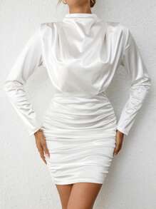 SHEIN Privé Mock Neck Ruched Satin Bodycon Dress - White - View 1
