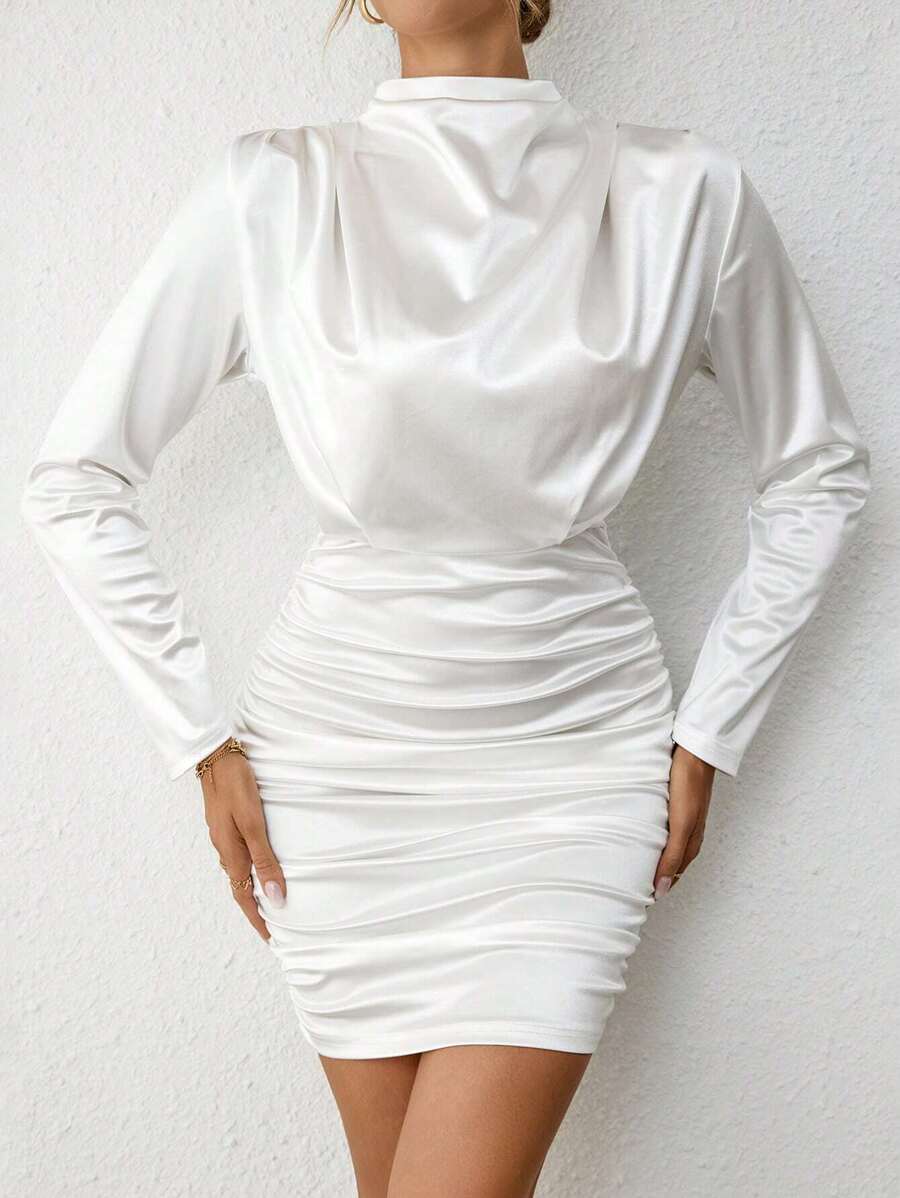 SHEIN Privé Mock Neck Ruched Satin Bodycon Dress - White - View 1
