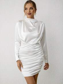 SHEIN Privé Mock Neck Ruched Satin Bodycon Dress - White - View 4