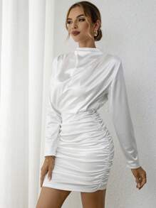 SHEIN Privé Mock Neck Ruched Satin Bodycon Dress - White - View 6
