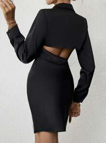 SHEIN Privé 鏤空露背襯衫連衣裙 - 黑色 - 查看 7