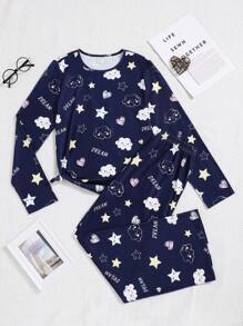 Teen Girl Star & Letter Graphic PJ Set - Multicolor - View 1