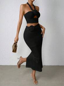 VaVaBold con abertura de espalda abierta Top halter & Falda - Negro - Ver 1