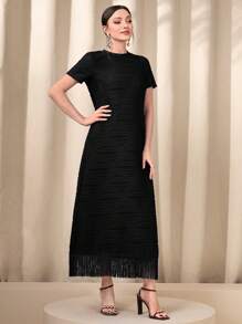 Seusyu 流苏下摆纯色长款女装连衣裙 - 黑色 - 查看 5