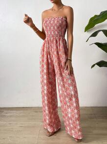 SHEIN VCAY Allover Print Tube Wide Leg Jumpsuit - White - View 4