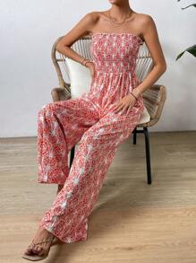 SHEIN VCAY Allover Print Tube Wide Leg Jumpsuit - White - View 5