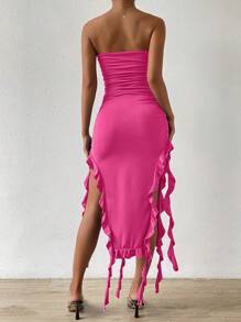 SHEIN Unity 荷葉邊褶邊高衩抹胸連衣裙 - 玫紅色 - 查看 2