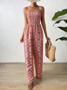 SHEIN VCAY Allover Print Tube Wide Leg Jumpsuit - White - View 6