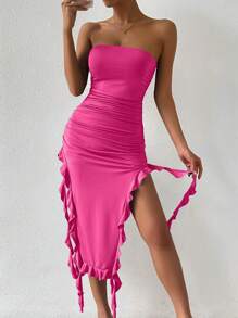 SHEIN Unity 荷葉邊褶邊高衩抹胸連衣裙 - 玫紅色 - 查看 1