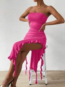 SHEIN Unity 荷葉邊褶邊高衩抹胸連衣裙 - 玫紅色 - 查看 6