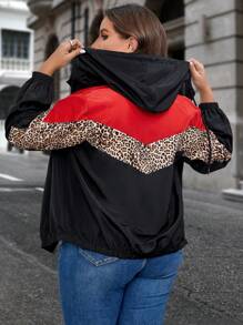 SHEIN LUNE Talla grande Cazadora con estampado de leopardo de color combinado con capucha - Multicolor - Ver 2
