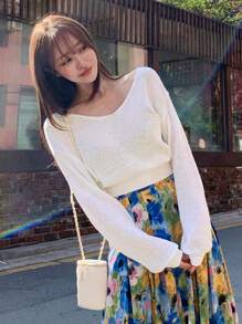 DAZY Solid Drop Shoulder Crop Jumper - White - View 1