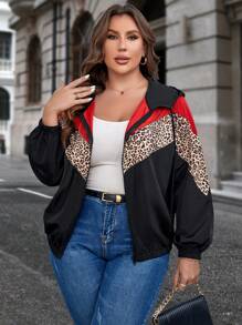 SHEIN LUNE Talla grande Cazadora con estampado de leopardo de color combinado con capucha - Multicolor - Ver 5