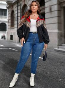 SHEIN LUNE Talla grande Cazadora con estampado de leopardo de color combinado con capucha - Multicolor - Ver 6