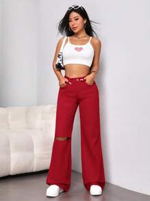 SHEIN EZwear Jeans mit geradem Beinschnitt, hoher Taille, Riss, - Rot - Übersicht 1