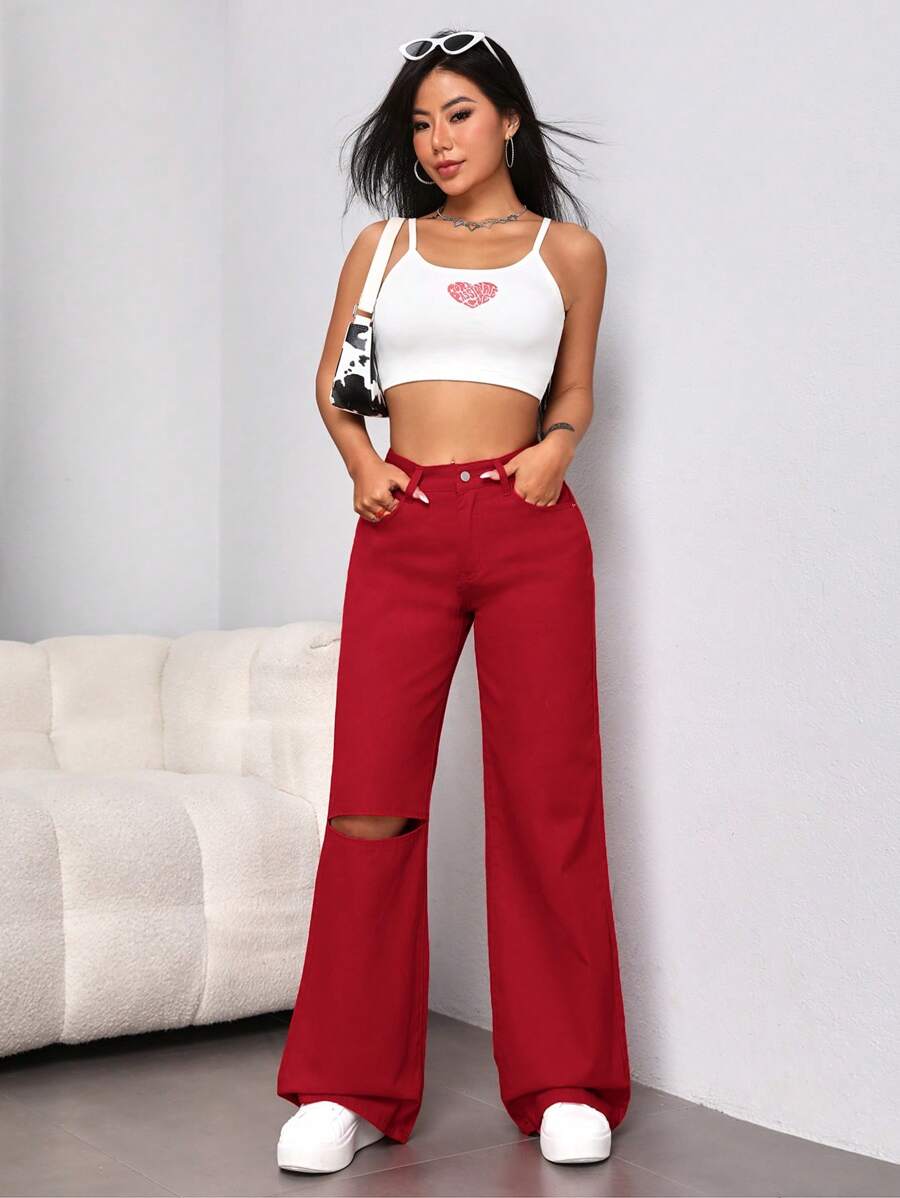 SHEIN EZwear Cao eo Rách Quần legging thẳng - Đỏ - Xem 1