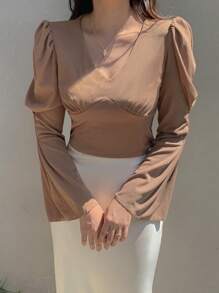 DAZY Chất rắn Cổ v Áo thun - Màu Khaki - Xem 1