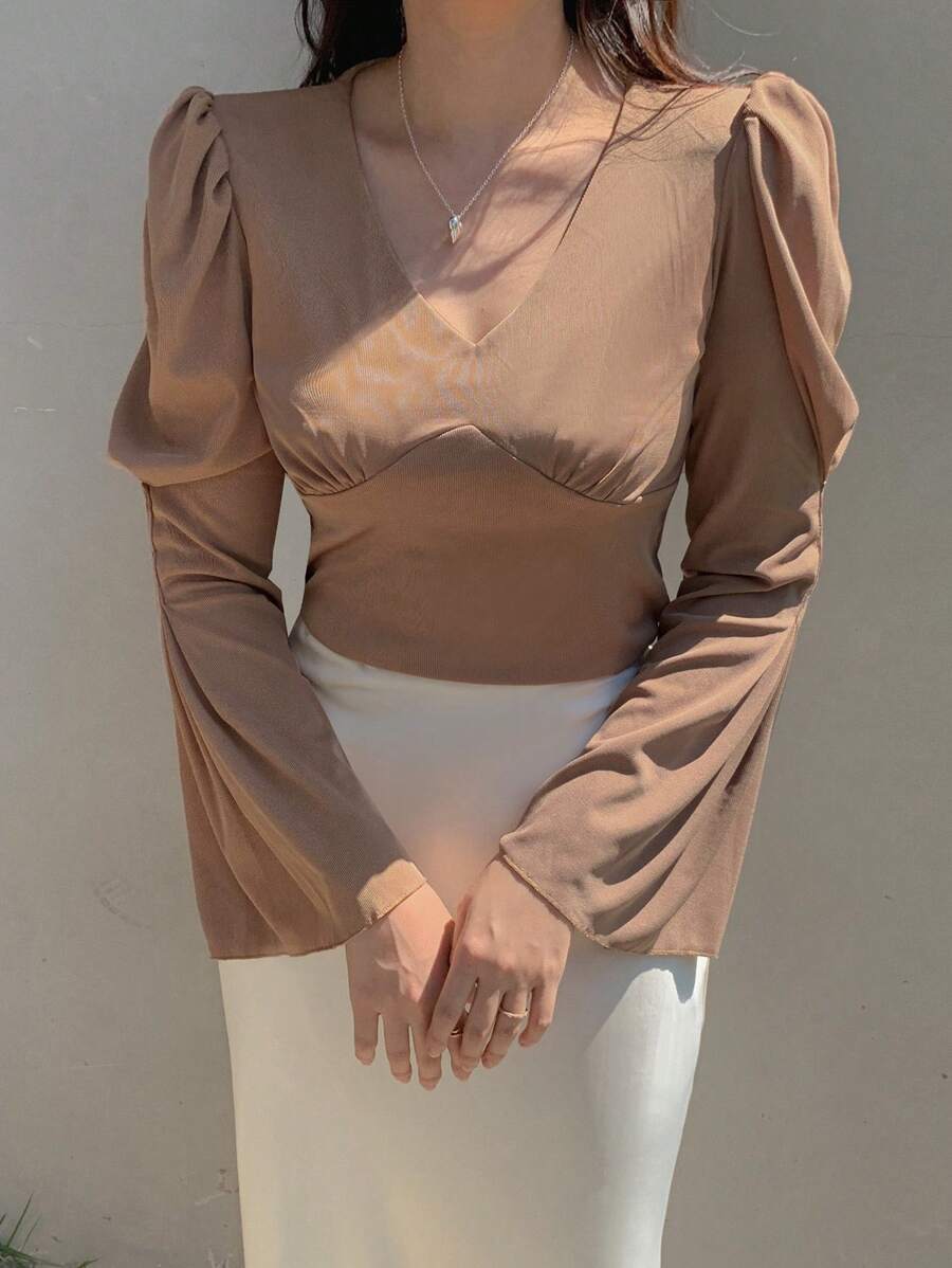 DAZY Chất rắn Cổ v Áo thun - Màu Khaki - Xem 1