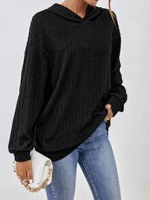 SHEIN Essnce Chất rắn Thả vai Áo nỉ có mũ - màu đen - Xem 4