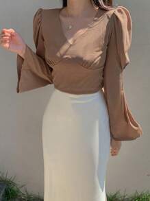 DAZY Chất rắn Cổ v Áo thun - Màu Khaki - Xem 4