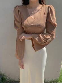 DAZY Chất rắn Cổ v Áo thun - Màu Khaki - Xem 5