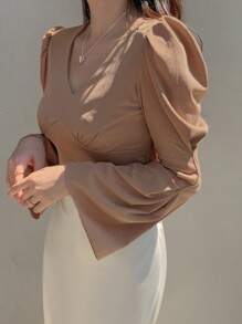 DAZY Chất rắn Cổ v Áo thun - Màu Khaki - Xem 9