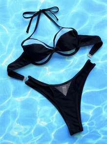Swim SXY Summer Beach Cut Out Halter Underwire Bikini Set - Black - View 3
