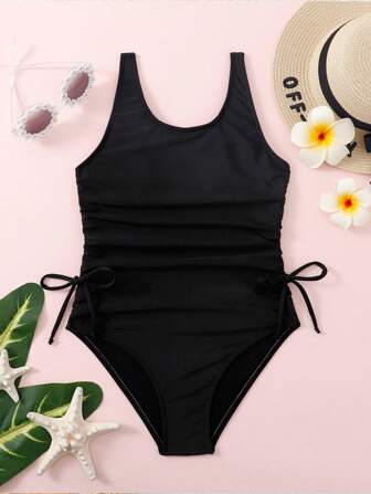 Tween Girl Solid Drawstring Side One Piece Swimsuit