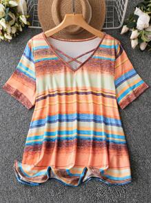 SHEIN LUNE Plus Striped Criss Cross Front Tee - Orange - View 1