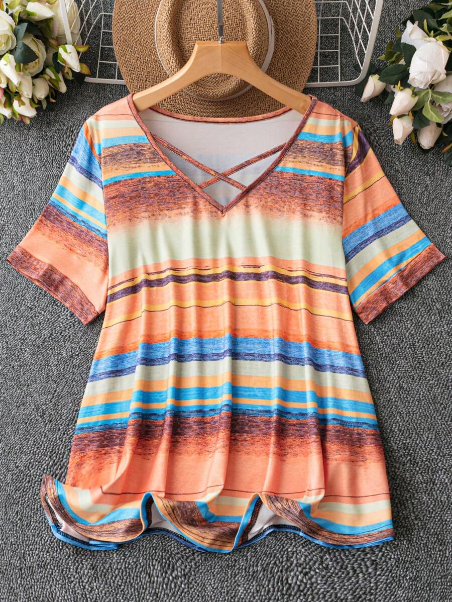 SHEIN LUNE Plus Striped Criss Cross Front Tee - Orange - View 1