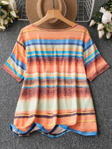 SHEIN LUNE Plus Striped Criss Cross Front Tee - Orange - View 2