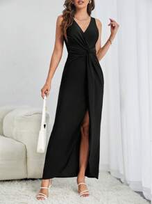 SHEIN Tall Twist Front Split Thigh Dress - Black - View 1