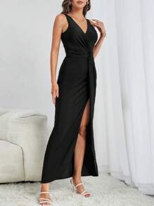 SHEIN Tall Twist Front Split Thigh Dress - Black - View 4