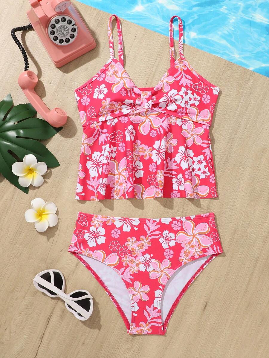 Tween Girl Floral Print Ruffle Hem Tankini Swimwear - Pink - View 1